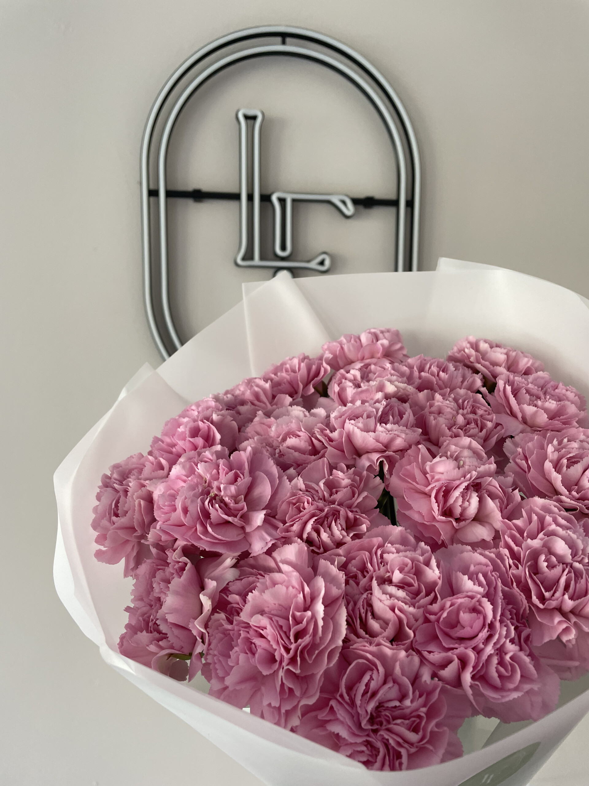 Romantyczny bukiet ślubny z różowych goździków w eleganckim, minimalistycznym stylu, tworzący delikatną pastelową kompozycję od Lu La Fleur.